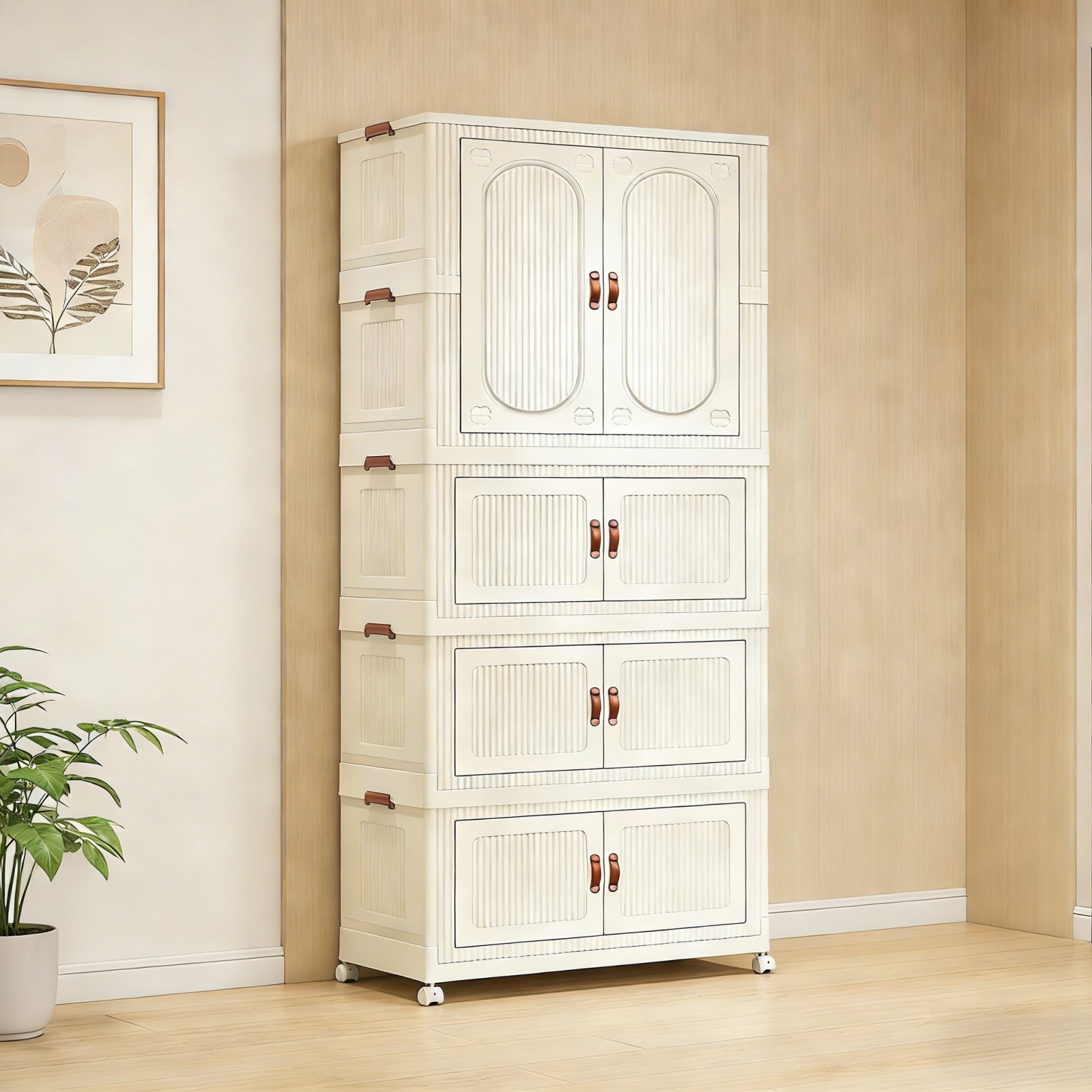 TEMU 4-tier Storage Bin With Lid, 1 Wardrobe And 3 Cabinets Foldable Movable Assembly Cabinet With Swivel Wheels | 55cm Front Length 35cm Side Width