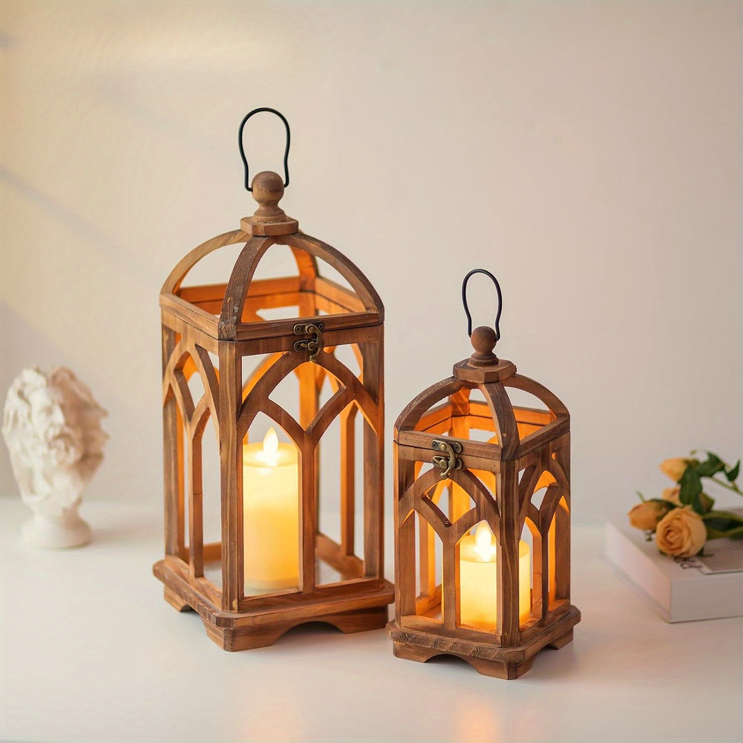 E-shop Bauernhaus Kerzenlaterne Holz Set aus 2 Stück Dekorative Rustikale Kronleuchter Haltern Wohnkultur Hochzeitstisch Mitteldekor, Weihnachten