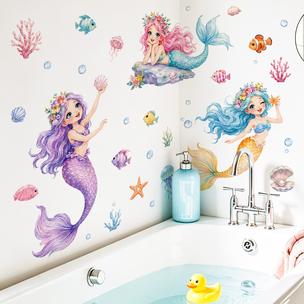 TEMU 1pc, Under The Sea Mermaid Sticker Watercolor Style Self-adhesive Removable Home Bedroom Living Room Background Wall Decoration Sticker