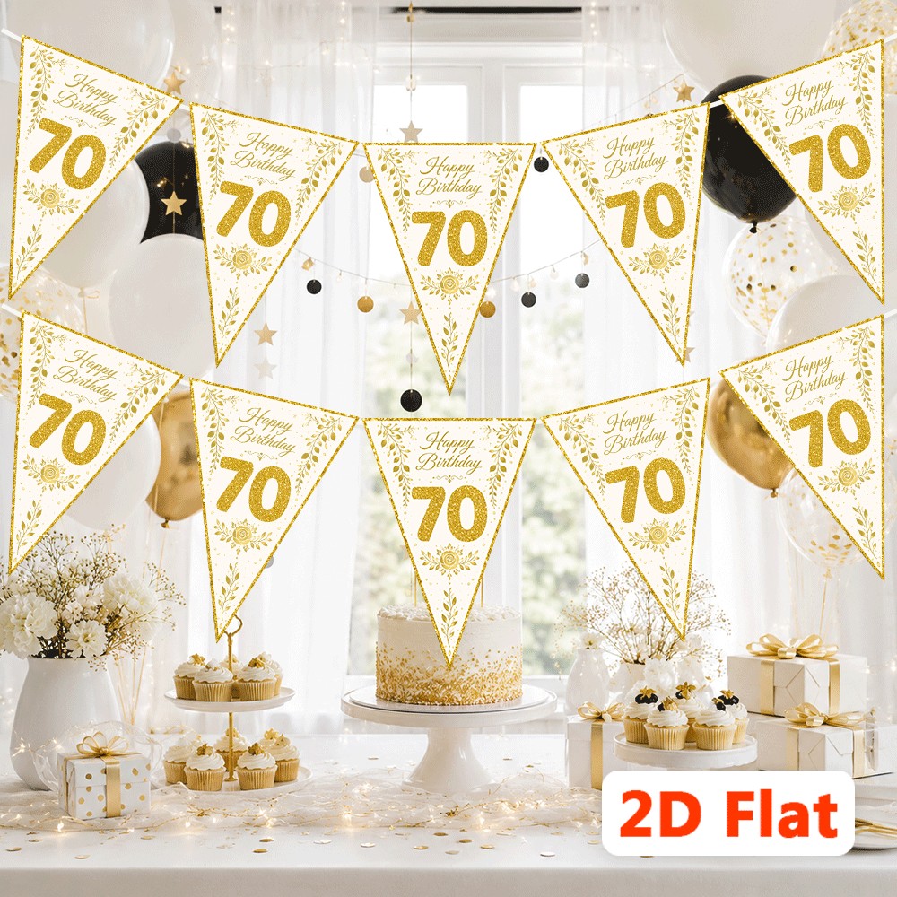 TEMU 2d Flat, 2d Flat Banner Party Pennant, 10pcs Set, Happy 70th Birthday Triangle Pennant Flags, Elegant White And Golden Floral Leaf , Light