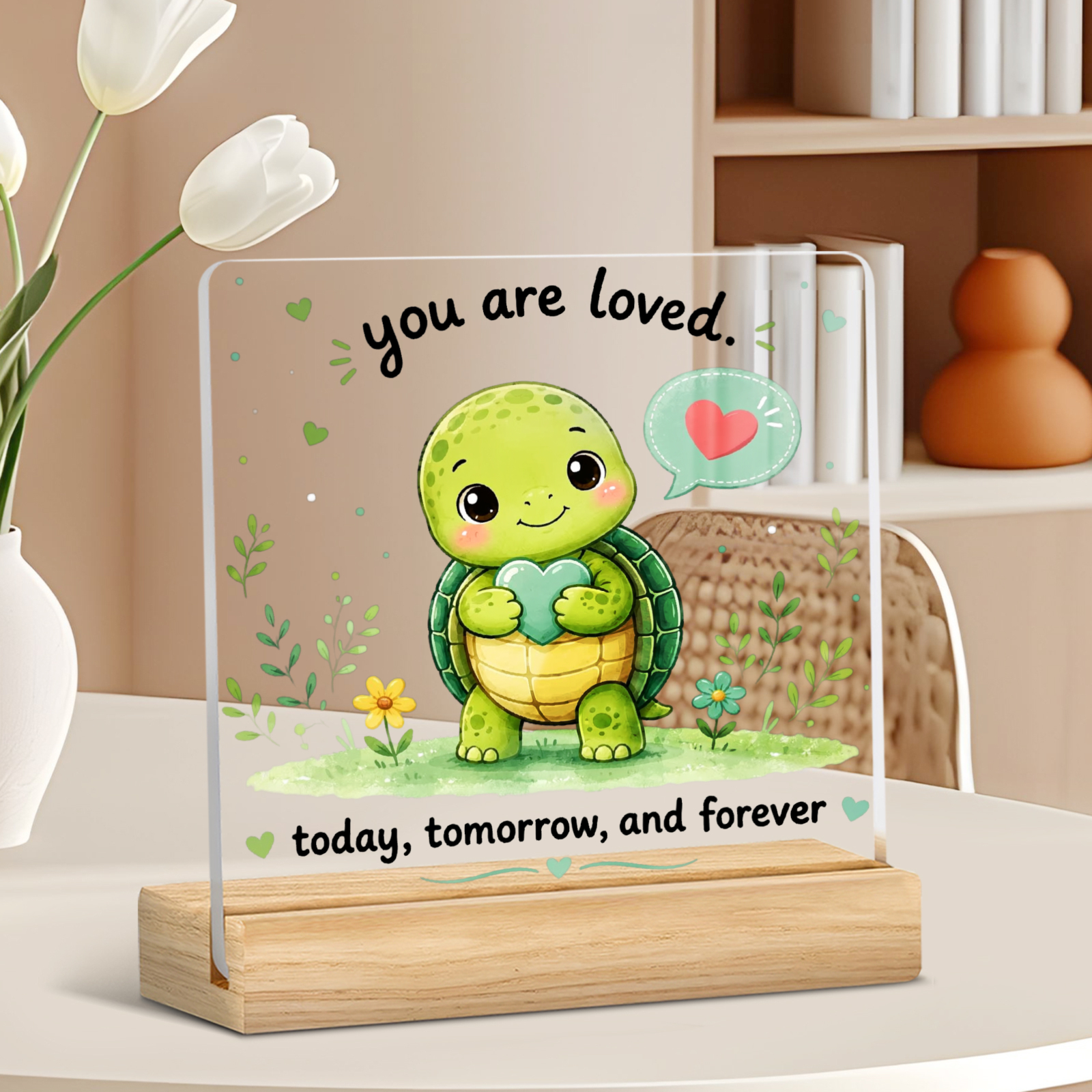 TEMU 2d Flat, 1 Acrylic Decorative Plaque Featuring An Adorable Sea Turtle Holding A Heart-shaped Ornament, With The " Today, Tomorrow, And Forever."