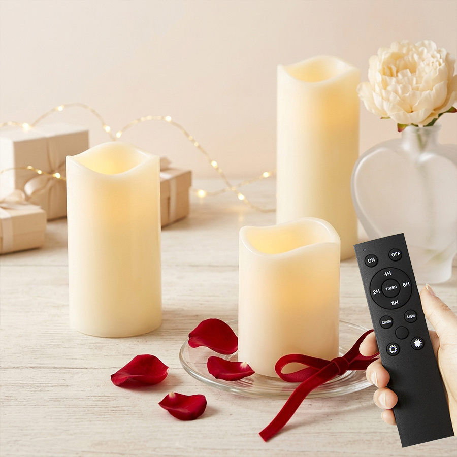TEMU Wavy 3-pack Realistic Flame Flickering Remote Timed Candles, With Simulated Candle Body, 2 X Aa Batteries (batteries Not Included), Suitable For
