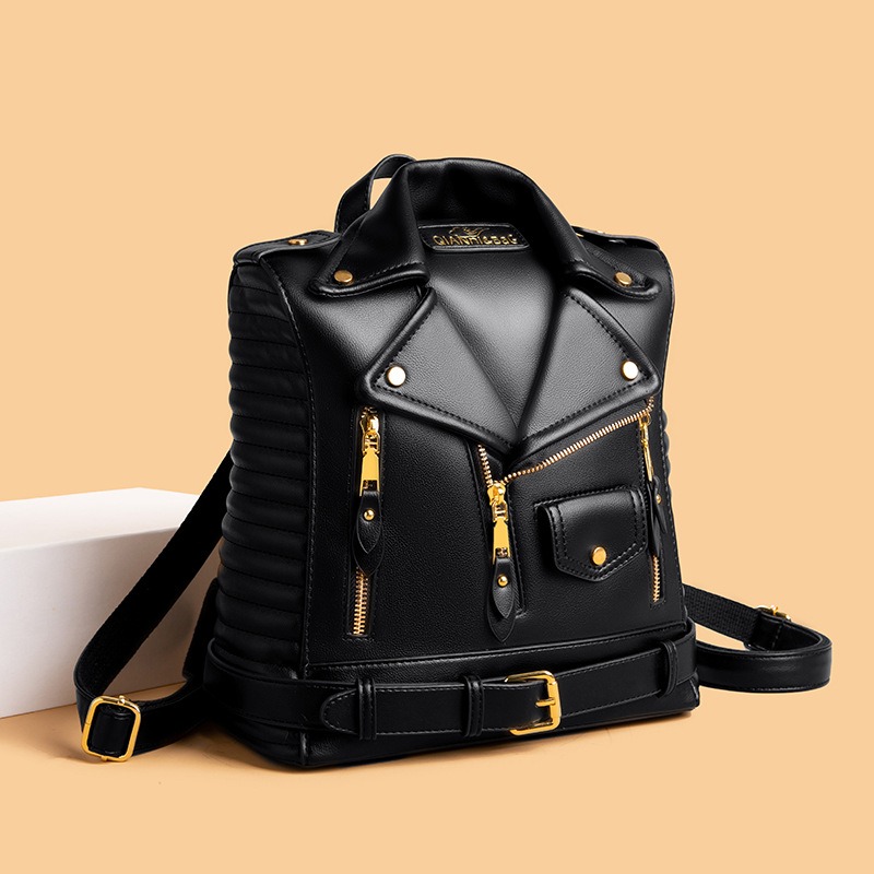 TEMU Sac à dos style veste de moto douce pour femme 2026 | Sac à dos de jour élégant et polyvalent, fermeture à glissière, doublure, couleur, marque