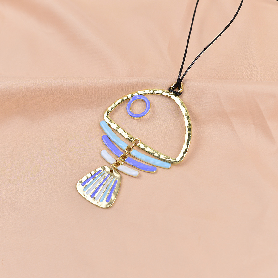 TEMU Collar de estilo bohemio con cordón largo y esmalte martillado hueco de pececito, collar con colgante de espina de pescado hueca azul, accesorio