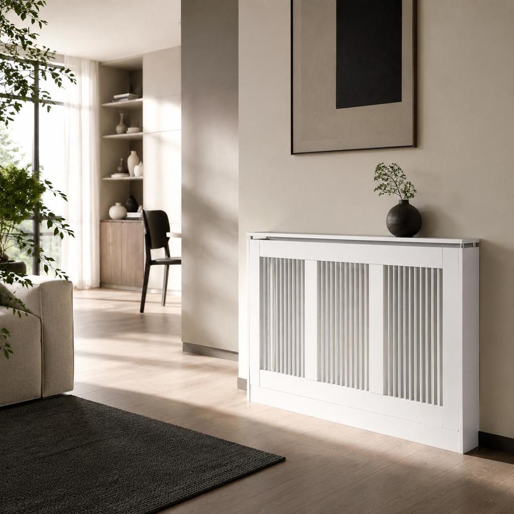Image of Modern Radiator Cover Cabinet, Mdf And Slatted Design With Top Shelf, Anti-tip Hardware Included For Living Room Bedroom Home Decor, 120x18x84cm, White