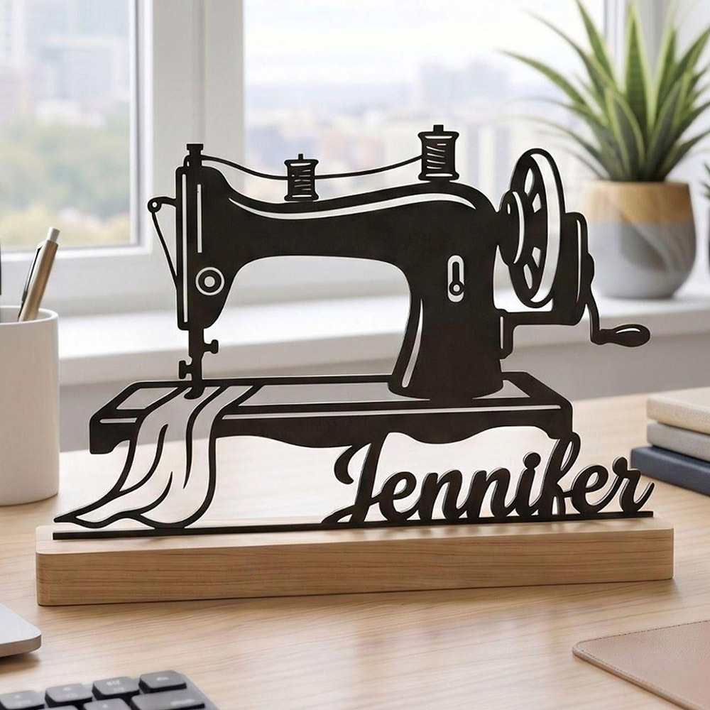 TEMU 1pc Custom Metal Sewing Machine Sign Personalized Name Decor For Home Office Gift For Unique Wooden Base Display