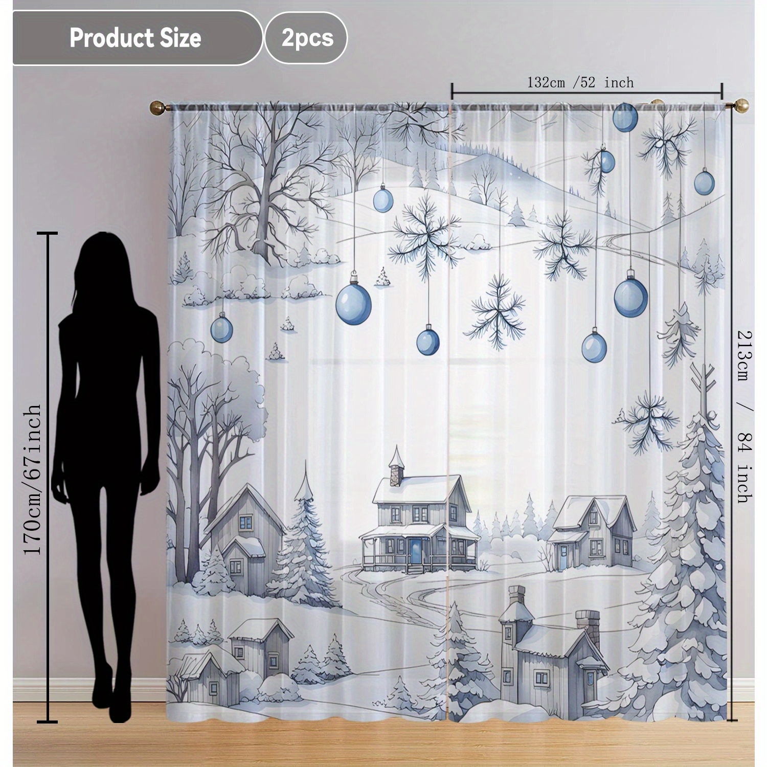 TEMU 2pcs Rideaux Transparent Fantaisie Hiver - Scène de Neige Bleu avec Décorations de Noël, Microfibre Polyester Douce, à Poche pour Tringle Facile