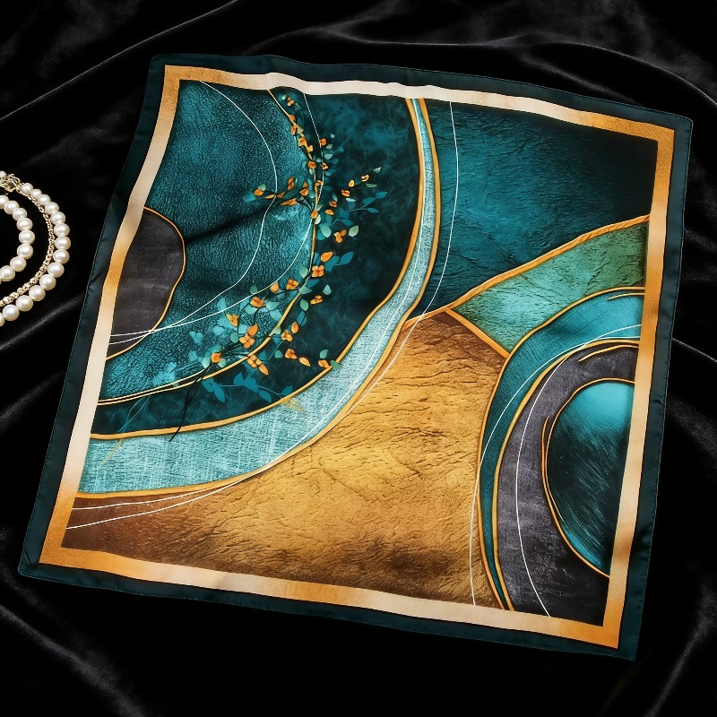 100% Silk Luxury Emerald Green Artistic Print Scarf For Women, 70cm, Double-sided Satin Square Scarf, High-end Gift For Mom, Scarf