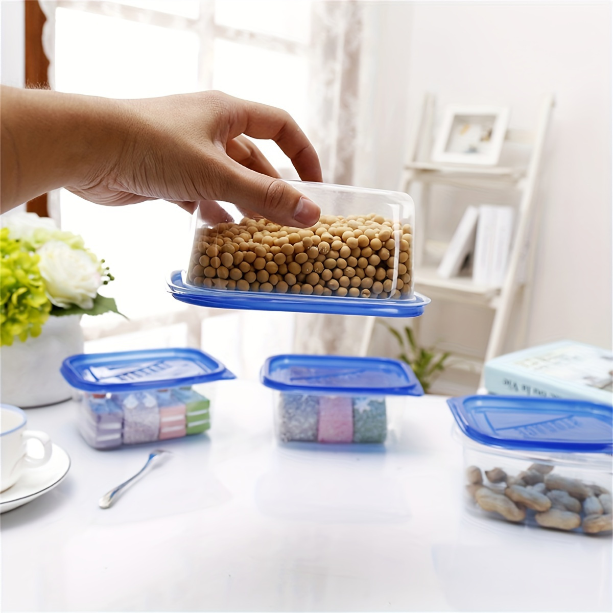 10pcs Clear Plastic Food Storage Containers with Blue Lids - Stackable, Reusable, Perfect for Kitchen Organization - Ideal for Grains, Meats, Fruits, Vegetables - Dishwasher & Microwave Safe