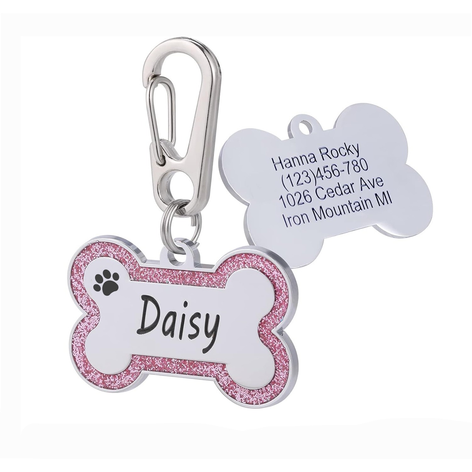 TEMU Custom Tag Double-sided Personalized Engraving Dog Tag Cat Tag Bone-shaped Pet Id Tag With Paw Print Vector And Glitter Multicolor Border Metal