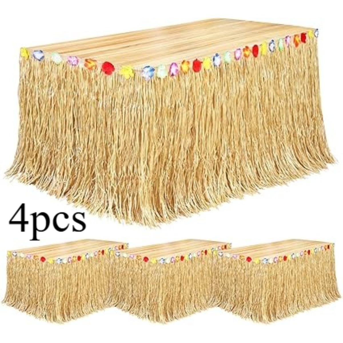 Image of Set Of 4 Grass Table Skirts In Hawaiian Style - Ideal For Tropical Celebrations, Straw Hue - Perfect For Summer Birthdays And Beach Weddings