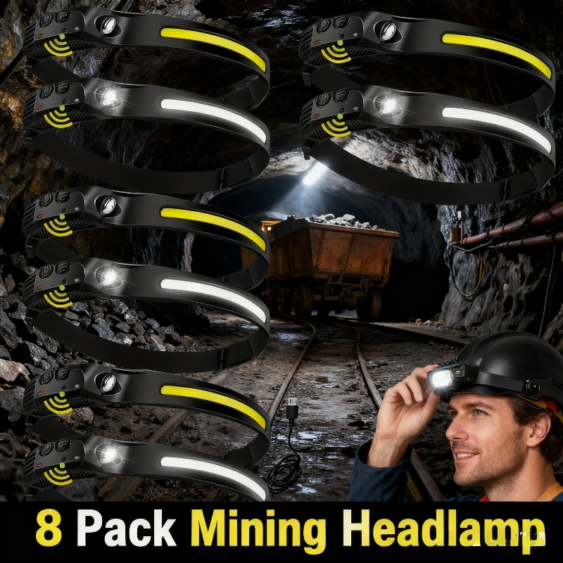 8pcs Induction Led Headlight Set: Rechargeable Design, As A Flashlight, Suitable For Outdoor Multi-scene