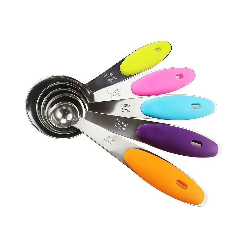 TEMU 5pcs Stainless Steel Measuring Spoon Set With Silicone Handles For Cooking, Baking, Kitchen Utensils, , Durable, Colorful Kitchen Gadgets