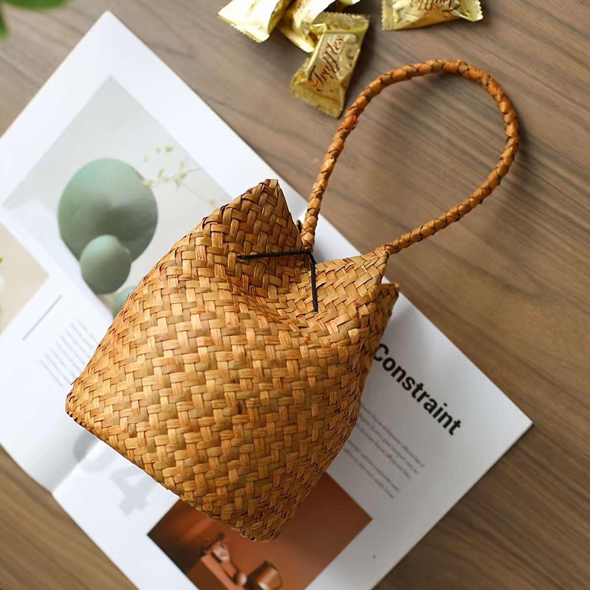 womens vintage bohemian bucket bag mini handbag with closure   for wedding party   clean woven texture wedding accessory pleated design durable weave small tote fashion women 0