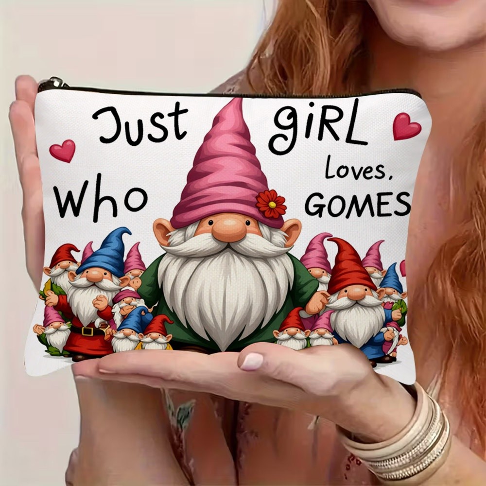 TEMU 1pc 1pcs Gnome Print Cosmetic Bag Suitable For Travel, Cute Zipper Closure Makeup Pouch With Colorful Gnome Characters & "who Gnomes" Lettering,