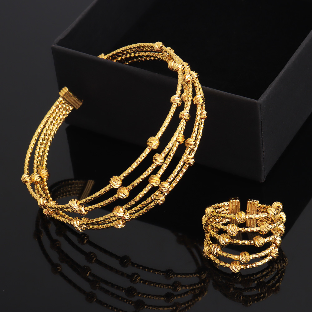 TEMU Bracelet Bague Réglable à Ouverture Élastique avec Perles Rondes en Métal de Cuivre , Parure de Bijoux de Luxe Bohème Ajourée pour Femme Dubaï