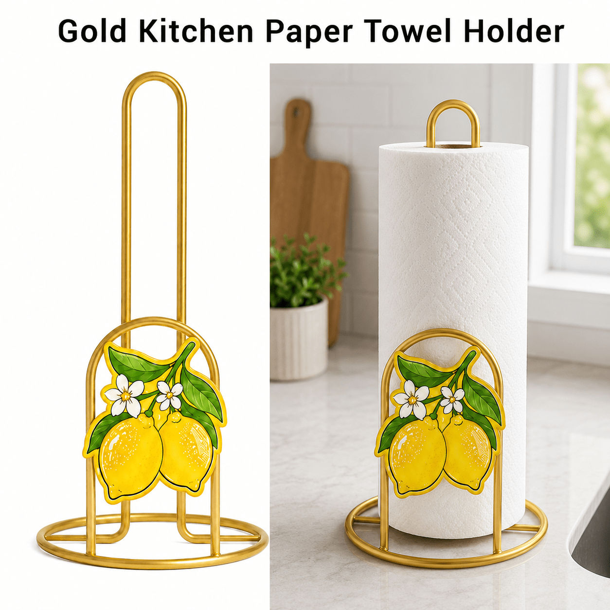 1pc Modern Iron Kitchen Paper Towel Holder/ Multi-scene Home Use/ Durable & Stable Decorative Paper Towel Stand/ In Black & Golden