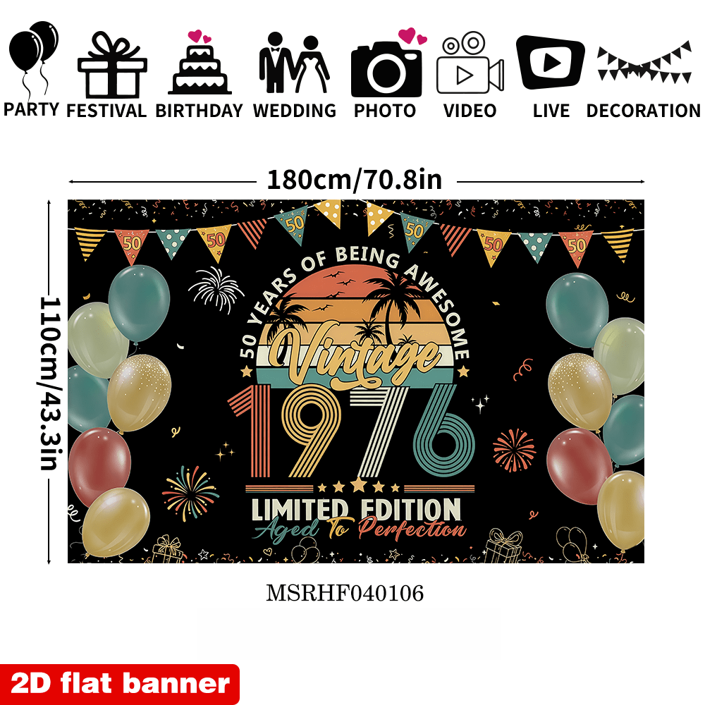 Image of 2d Flat, 2d Flat - 2d Flat, 2d Flat - 1pc Vintage 1976 50th Birthday Banner | Retro Rainbow Theme Background For Anniversary Party Decorations, Perfect Gift For Him/her