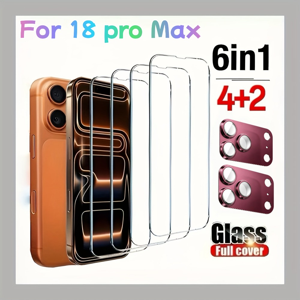 TEMU (4pcs Screen Protector + 2pcs Aluminum Alloy Camera Lens Protector), Glass Screen Protector - Suitable For Iphone 18 Pro Max / 18 Pro,