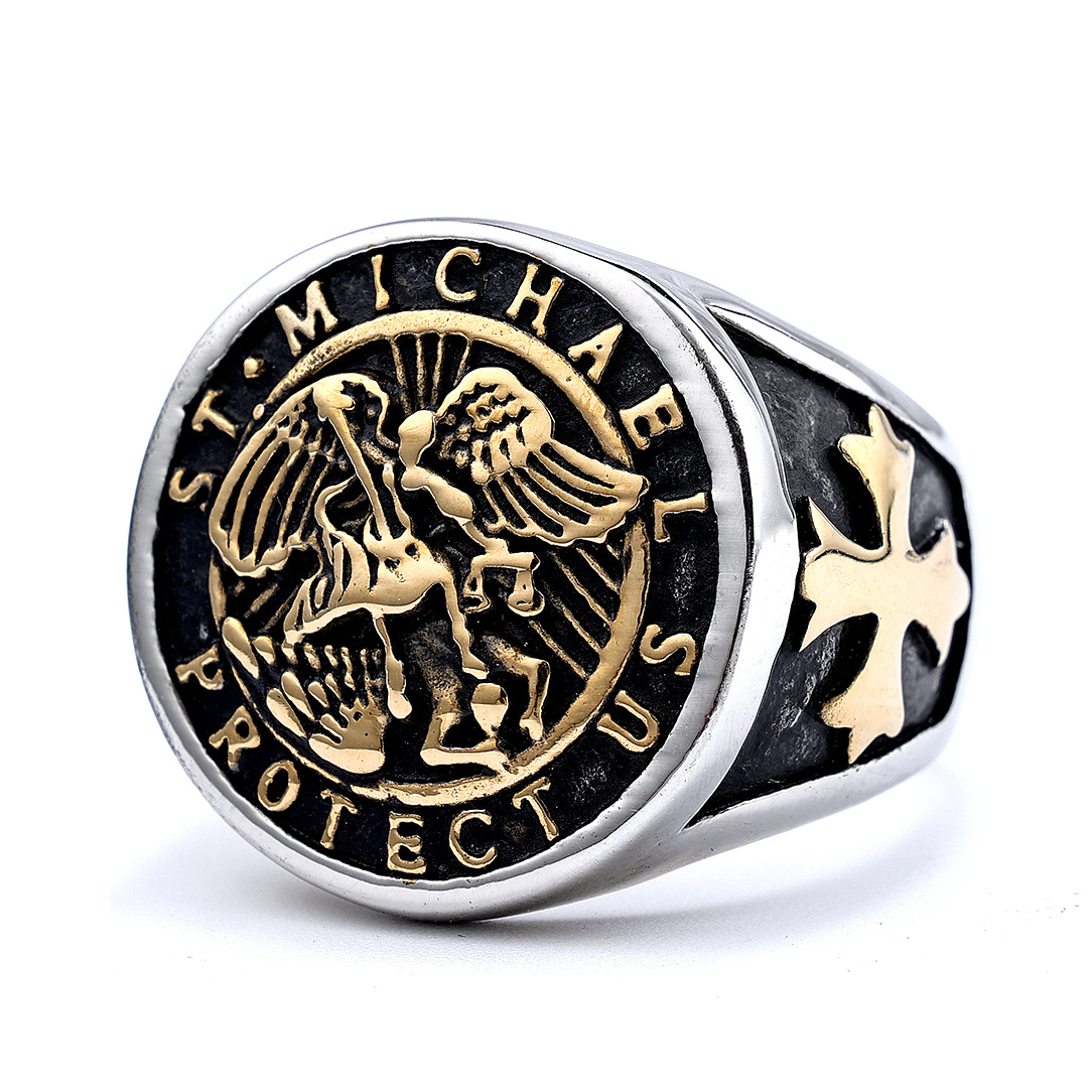 Image of Archangel 304l 304l Stainless Ring For Men, Trendy Fashion Style Wide Band, Retro Streetwear Accessory, Without Battery