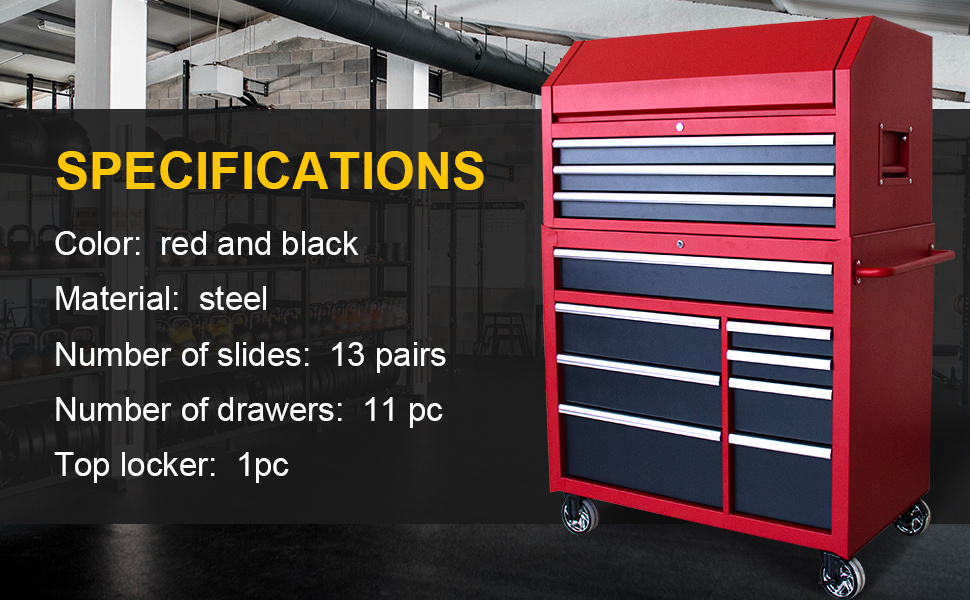 w x 24 5   heavy duty rolling tool chests and cabinets combo 20 gauge steel 11 drawer garage workshop tool chest and   cabinet set 11 drawers red black Product details 3