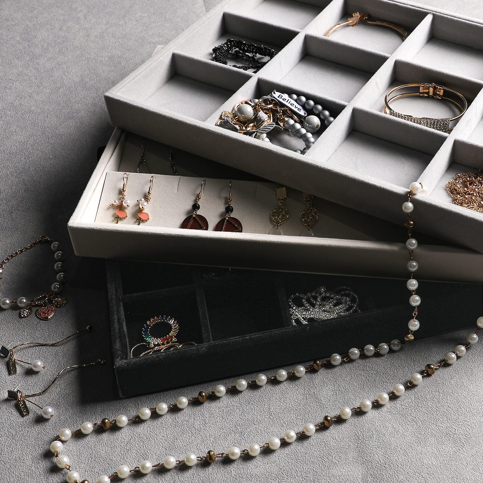 4pc Large Stackable Velvet Jewelry Tray Set with Drawer Inserts