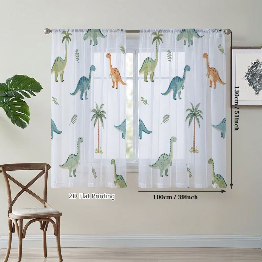 TEMU Plat 2D, 2pcs Rideaux Voilages Semi-Transparents, Rideaux de Fenêtre à Imprimé Ludique Dinosaure Pastel et Palmier Tropical, pour Cafés, Salon,