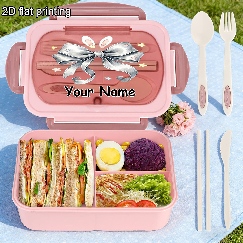TEMU 1pc Customizable Bento Lunch Box, Reusable Lunch Box With Custom Name Bow Theme Cartoon Print, Suitable For Daily Work, Outing And Picnic