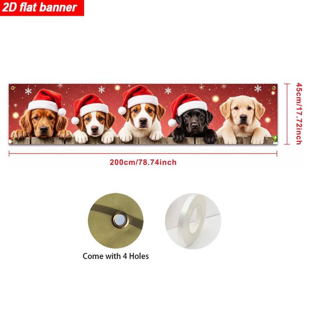 TEMU Bannière Plate 2D, 1 Pièce, Chiot de Noël Espionnant par-dessus la Clôture, Fond Rouge avec de Neige Blancs et Lumières Dorées, Adaptée pour