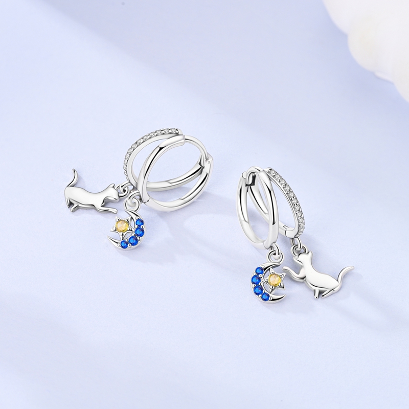 Women's S925 Sterling Silver Cats Picking Stars Dangle Earrings
