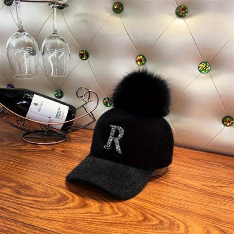Women's Autumn/winter Seahorse Duckbill Cap With Detachable Rhinestone "r" Letter, Fox Ball Baseball Cap