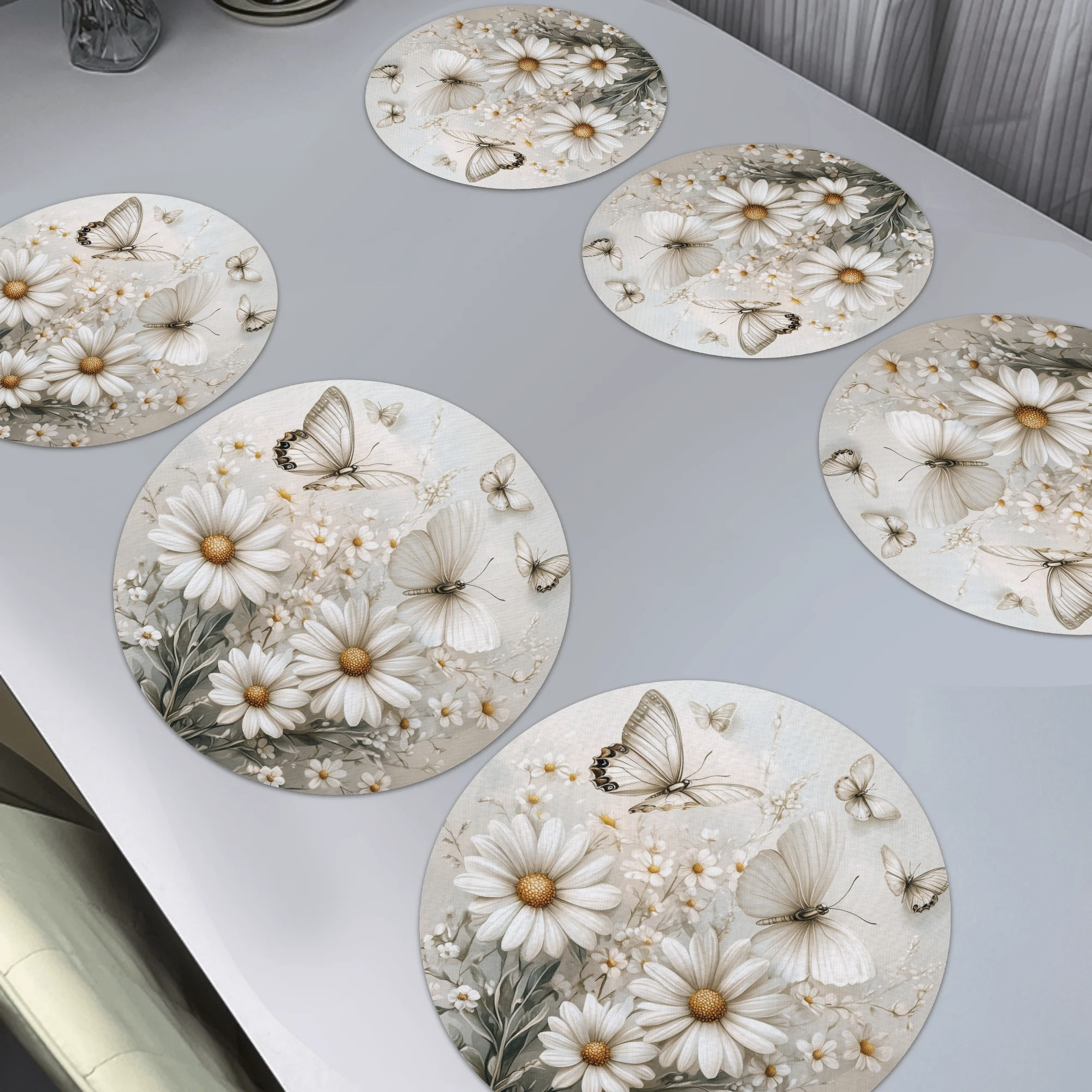 

6pcs Round Daisy Floral Placemats, 100% Polyester, Woven, Non-slip, Hand Washable, , 15x15 Inches, With Ideal For Home Decor, Dinner Parties, And Holiday Settings