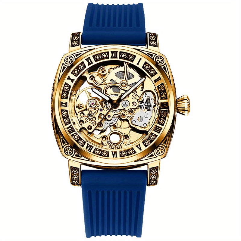 E-shop 1 Stück Herren-Uhr in Gelb Blau mit Eleganter Gravur – Mechanische Drehuhr im Römischen Design