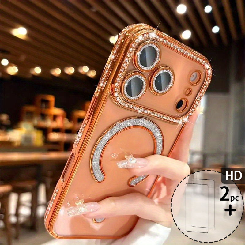 Image of Phone Case: 3pcs [case + 2 Screen Protectors] Side Diamond Electroplated Case, Wireless Charging, Lens Film, For Iphone 17/16/15/14/13/12 Pro Max/plus/pro/17 Air