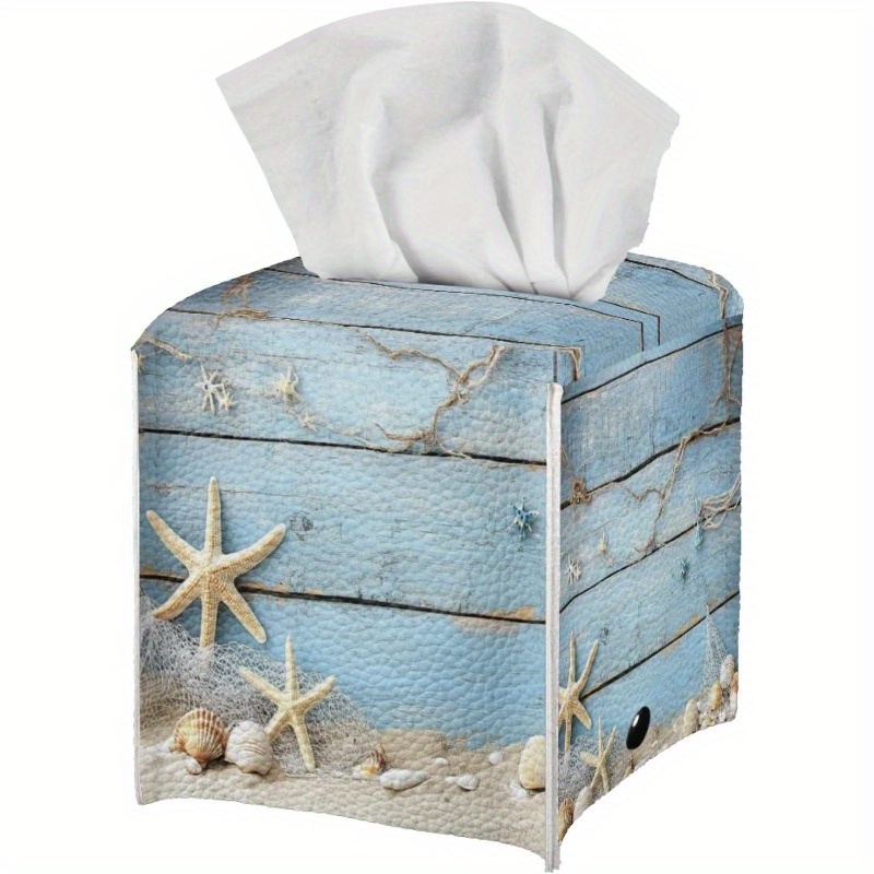 nautical   shells tissue box holder high quality pu leather square cube organizer with   design fits standard tissues decorative storage for bathroom bedroom office beach house ideal housewarming gift Product details 1