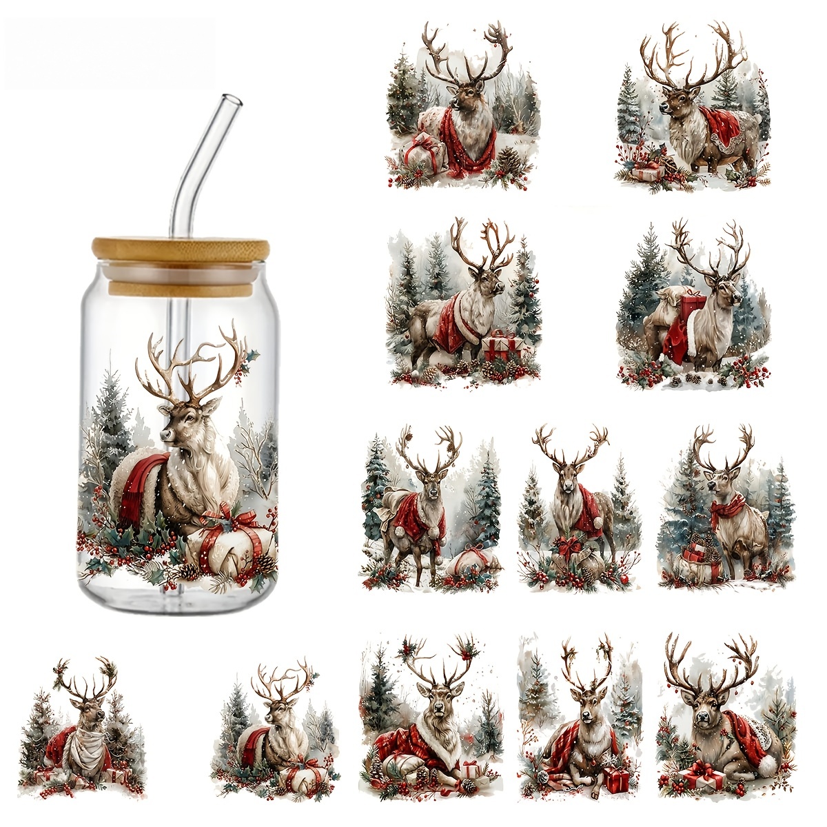 TEMU {christmas} 12pcs Christmas Reindeer Uv Dtf Transfer - Waterproof& Scratch-resistant Vinyl For 16oz Cups, Bottles, Laptops& Home Decor- Festive