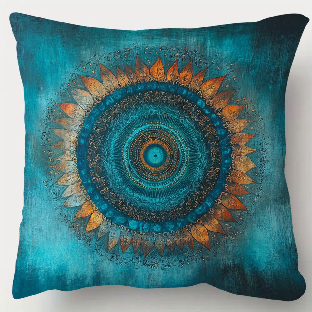 TEMU Double-sided 1pc 2d Large Turquoise Blue Mandala Pattern Pillowcase. Turquoise Blue And Golden Bohemian Style Pillowcase With Zipper Closure,