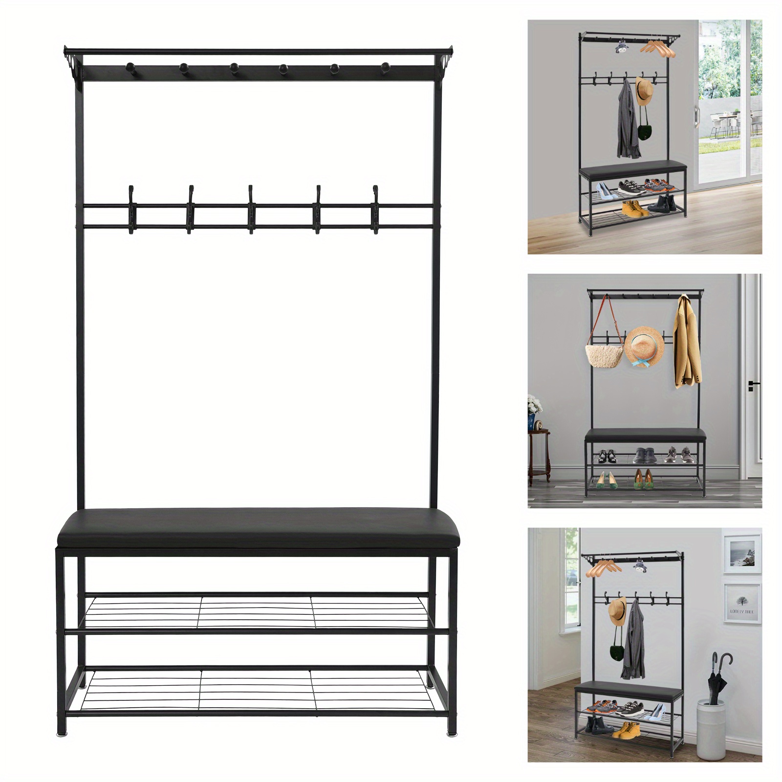 TEMU Metal Coat Stand With Shoe Rack 2 Tier Storage Bench 6 Hooks Hanging Rod Adjustable Foot Mats For Entryway Bedroom Living Room Hotel Modern