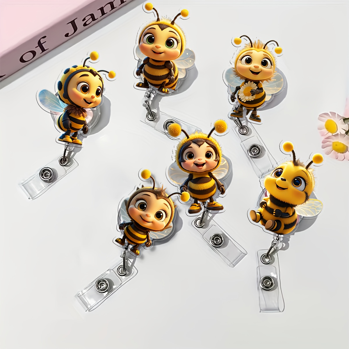 TEMU 2d 6pcs Bee-themed Cartoon Design Retractable Badge Holder, Durable Plastic Id Card Holder. Suitable For Offices, Events, And Projects—