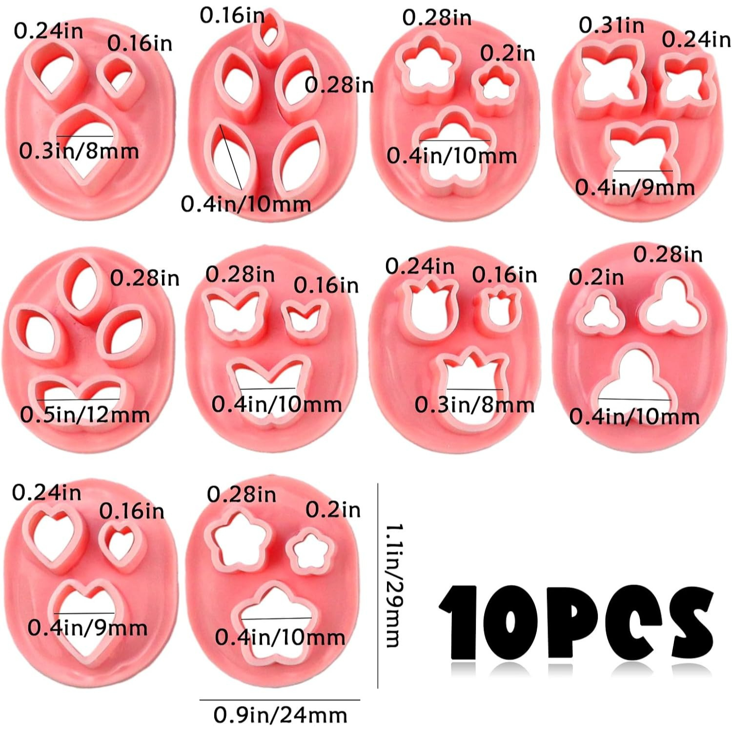 TEMU 10pcs Mini Clay Cutters Suitable For Polymer Clay, Plastic Craft Molds With Floral Leaf Shapes & Heart Frames - Precise Leaf Tools For Diy