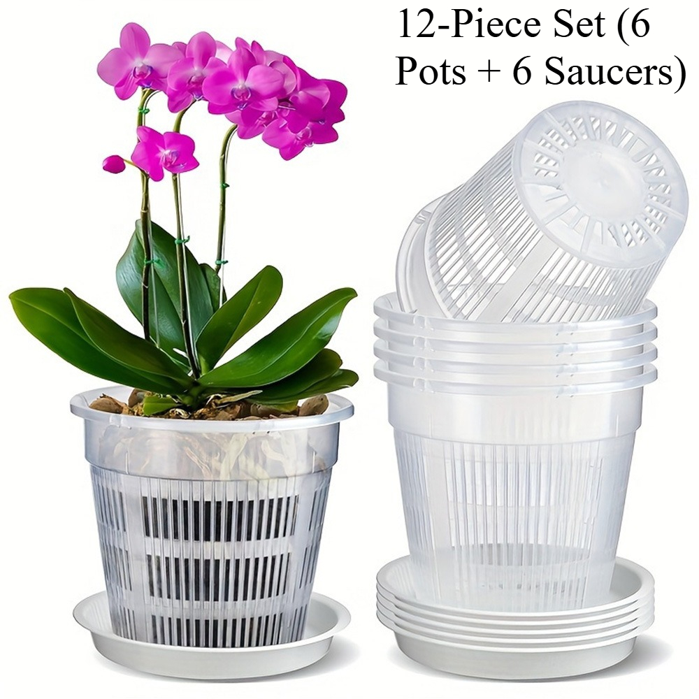 TEMU Ensemble de 12 pièces ( et 6 assiettes) - Grands pots à orchidées transparents - Matériau plastique durable, nervurée, ronde, convient pour une