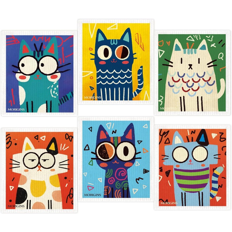 TEMU 6pcs 7×8 Inch Cute Cat Series Swedish-style Dishcloths, Abstract-style Colorful Cat Reusable Absorbent Towels, Ideal For Kitchens And Countertop