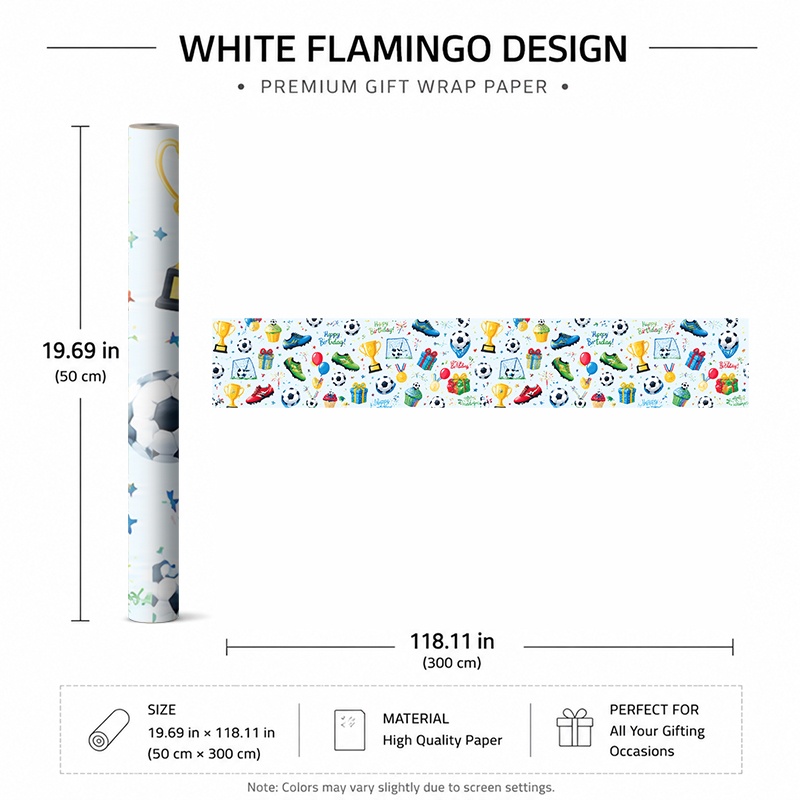 TEMU 1 rollo de papel de regalo de 50x300 cm (19.7x118.1 in) con balones de fútbol, trofeos, regalos coloridos, adorno de temporada, idea de regalo,