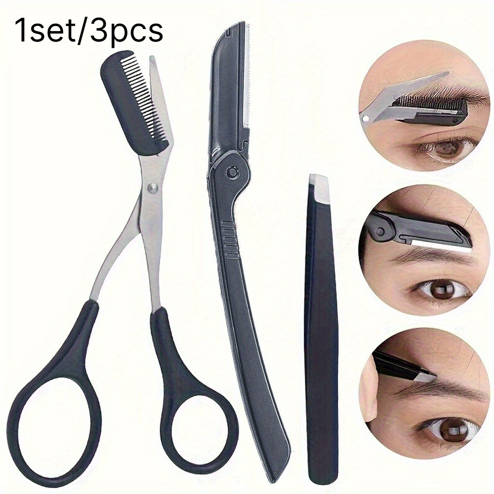 TEMU 1 Set 3pcs Eyebrow Grooming Kit, Stainless Steel Eyebrow Scissors With Comb, Foldable Eyebrow Razor And Slant Tweezers, Precision Brow Shaping