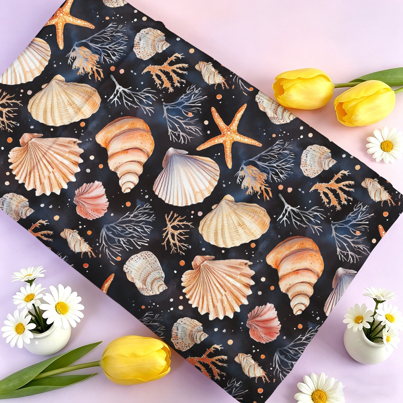 TEMU 1pc Marine Shell Starfish Fabric, Optional, Soft And Comfortable Polyester Fabric For Quilting, Handcraft, Bags, Clothing, Masks, Pillowcases,