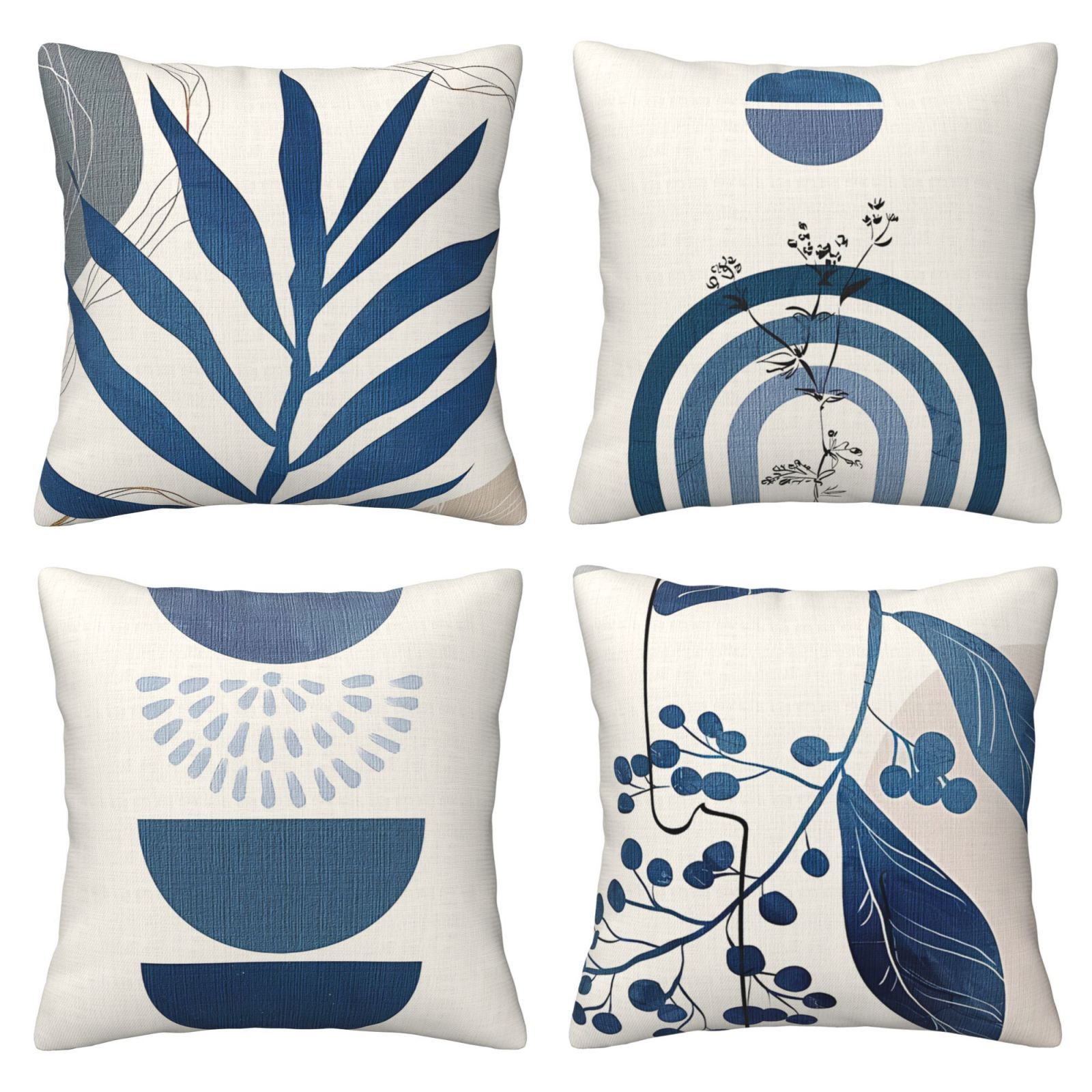 

4-pack Bohemian Throw Pillow Covers, Blue Abstract Leaf & , Machine Washable, Zippered Cases For Sofa, Bed, And Living Room Decor - Polyester 100% (pillow Inserts Not Included)