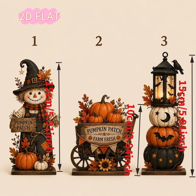 TEMU 2d Flat, 3pcs Wooden Desktop Ornament Set, Pumpkin Cart And Stackable Pumpkin Lantern Ornament Set, Halloween Tiered Tray Sitting Decoration,