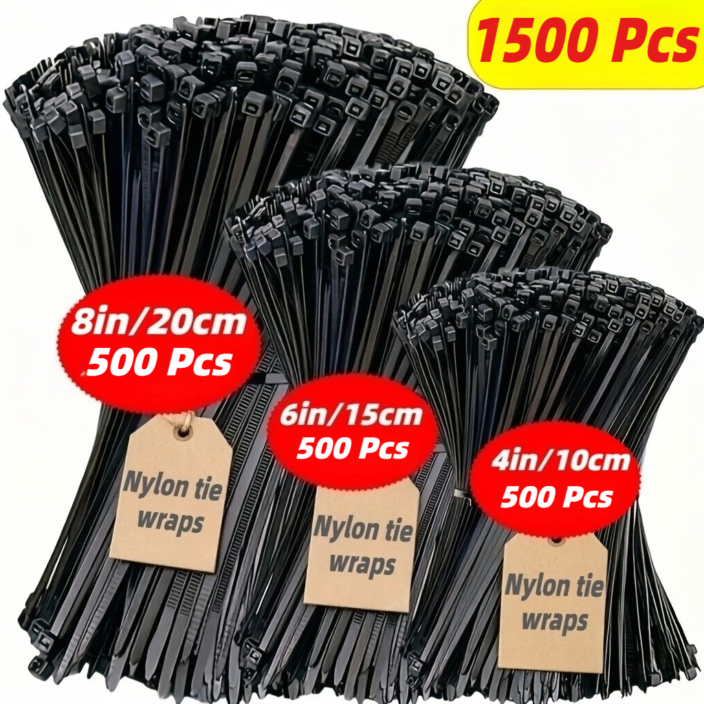 TEMU 1500pcs Pack Heavy Duty Nylon Self-locking Cable Ties Suitable For Home Office Garden Cord Management, Zip Ties Assortment (20/15/10cm) With