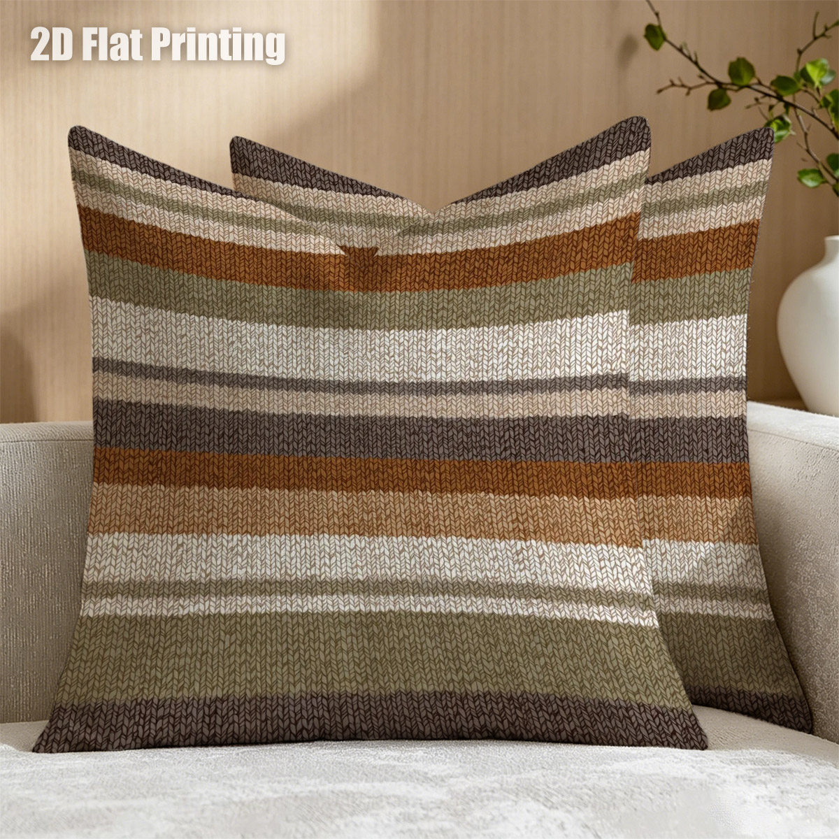 TEMU 2d Flat 2pcs Striped Style Neutral Color Stripes Throw Pillow Covers, Double Prints Earthy Tone , For , Stylish Living Room, Rustic Bedroom, For