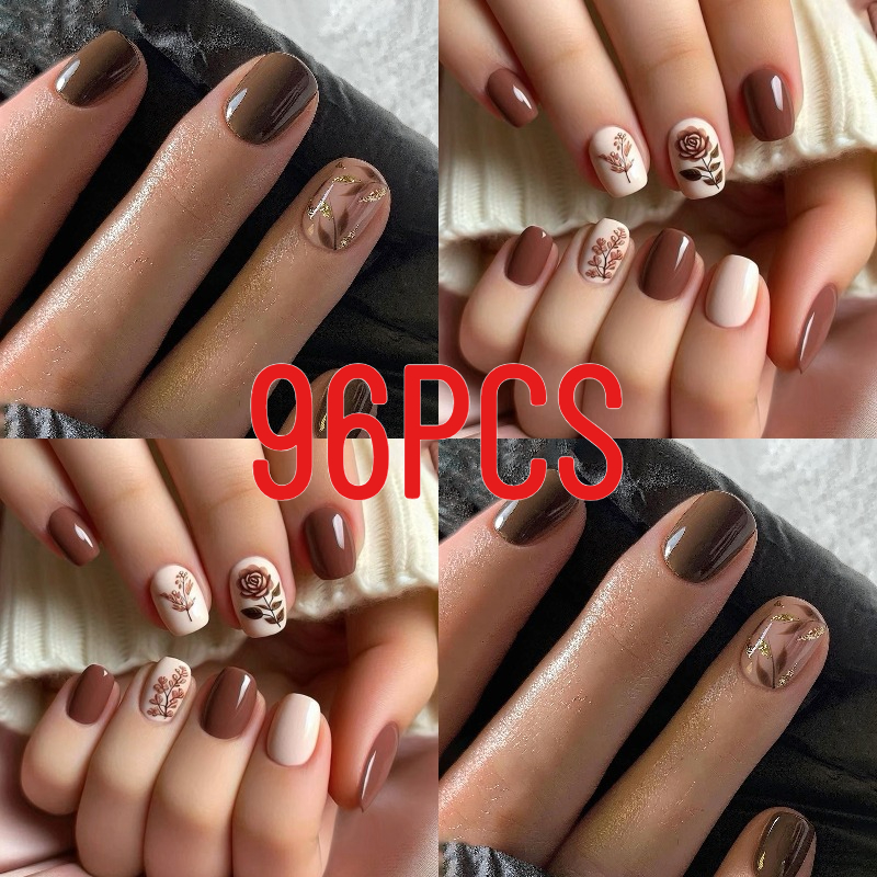 TEMU 96pcs Short Square Press-on Nails With Brown Flowers - Suitable For Women's Nail Decoration